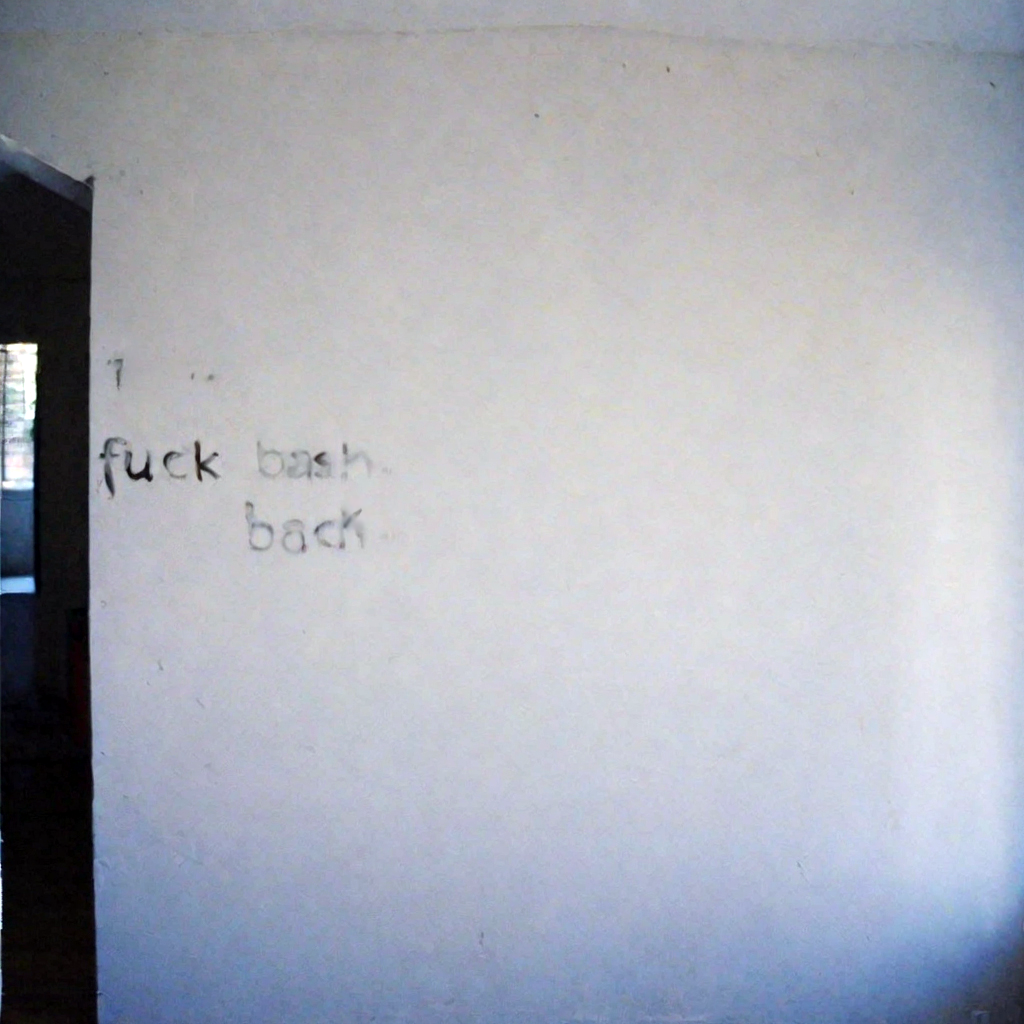 stark white wall with "fuck bash back" written on it and also smudged out as if someone tried to put a lot of effort into erasing the "bash back" (but not the "fuck" [as if anyone could ever erase bash back!])