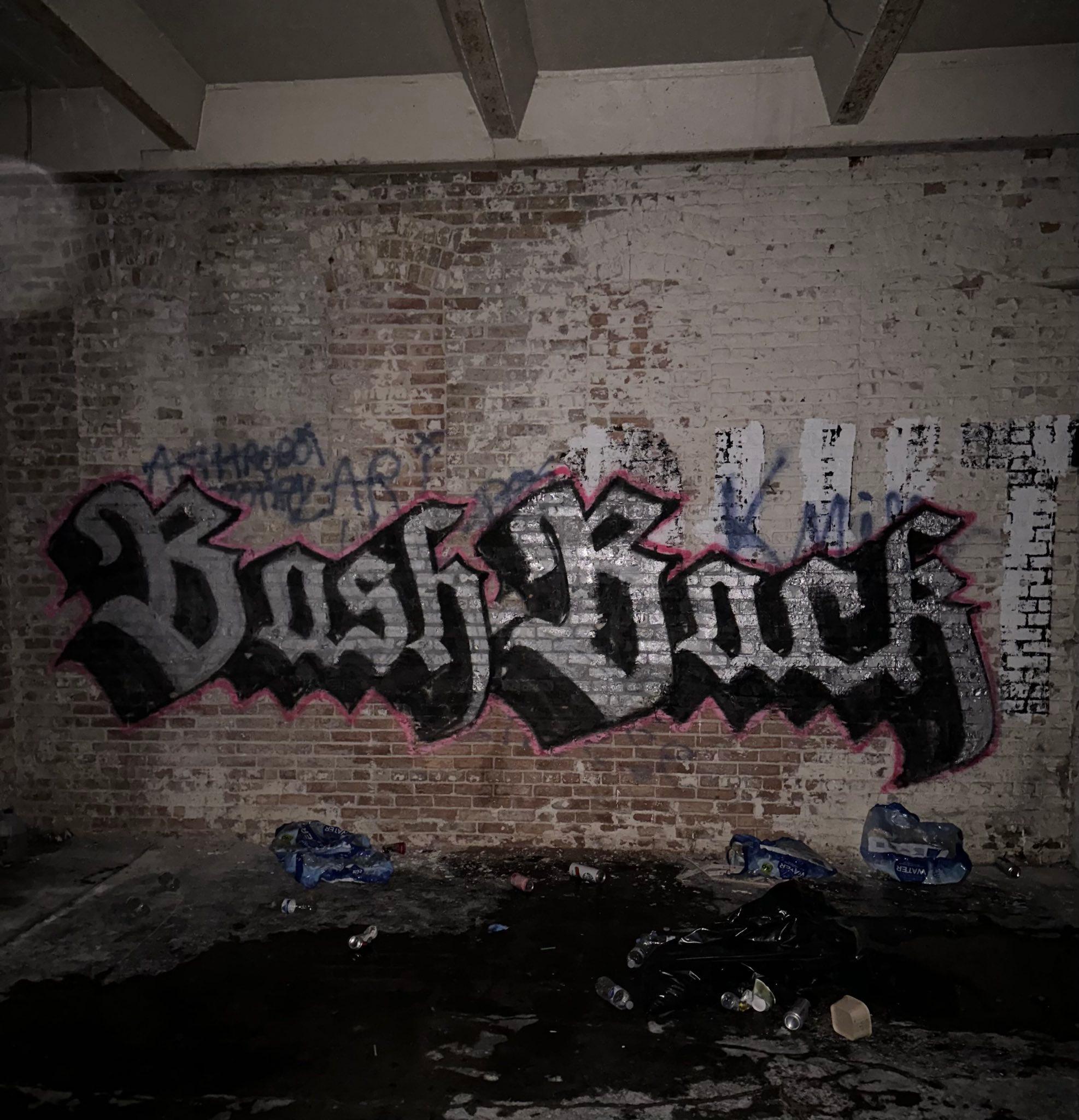 a grungy brick wall with a graffiti tag that says Bash Back