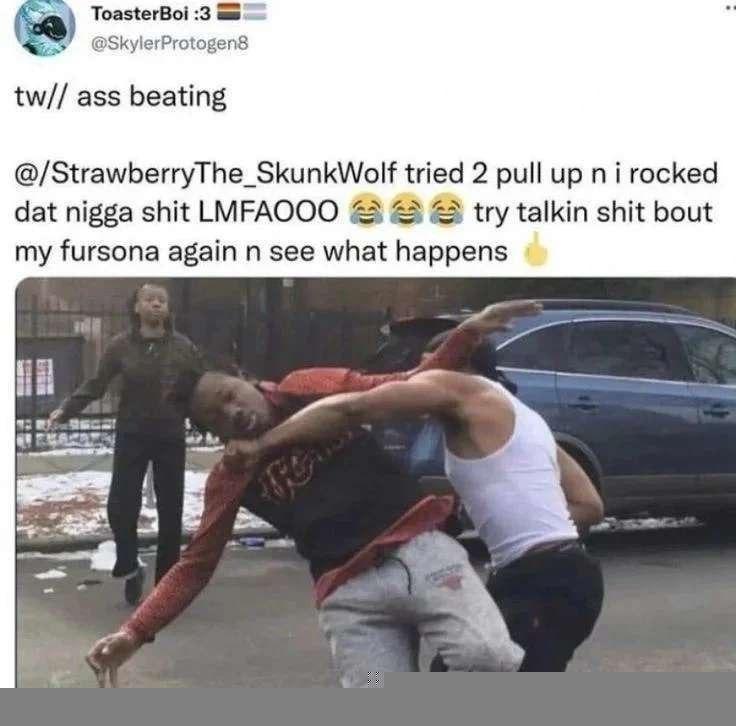 tw// ass beating @/StrawberryThe_SkunkWolf tried 2 pull up n i rocked that nigga shit LMFAO :face_with_tears_of_joy: :face_with_tears_of_joy: :face_with_tears_of_joy: try talkin shit bout my fursona again n see what happens :middle_finger: